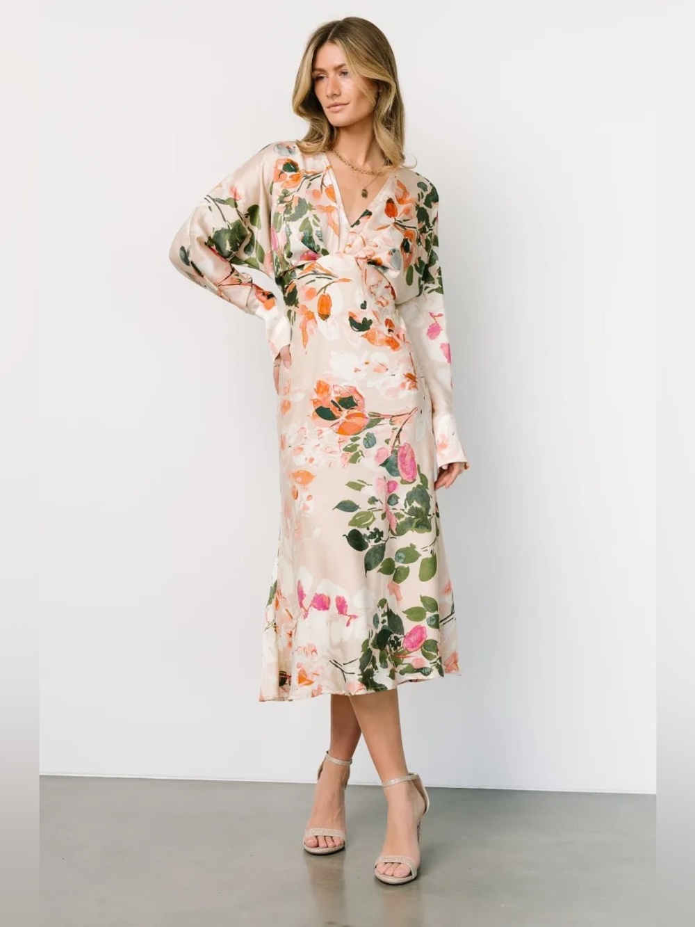 Baltic Born Bari Satin Floral V-Neck Long Sleeve Midi Maxi Dress Natural Cream